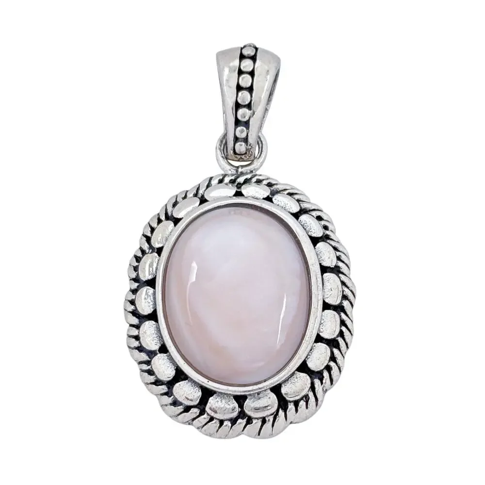Vintage Sterling Silver 925 Pink Mother Of Pearl Cabochon Pendant